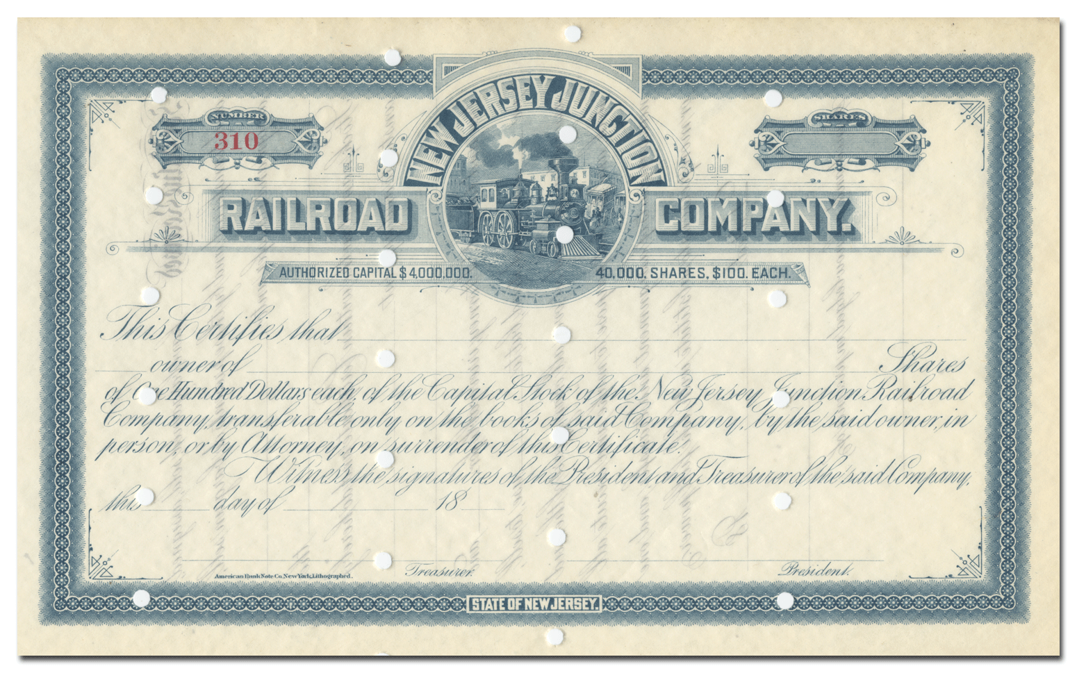 New Jersey Junction Railroad Company Stock Certificate