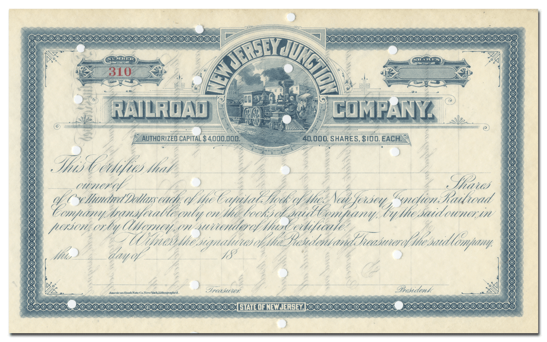 New Jersey Junction Railroad Company Stock Certificate