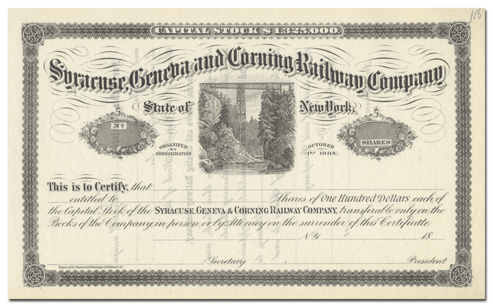 Syracuse, Geneva and Corning Railway Company Stock Certificate