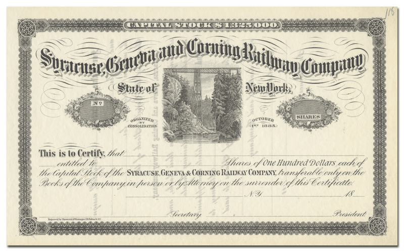 Syracuse, Geneva and Corning Railway Company Stock Certificate
