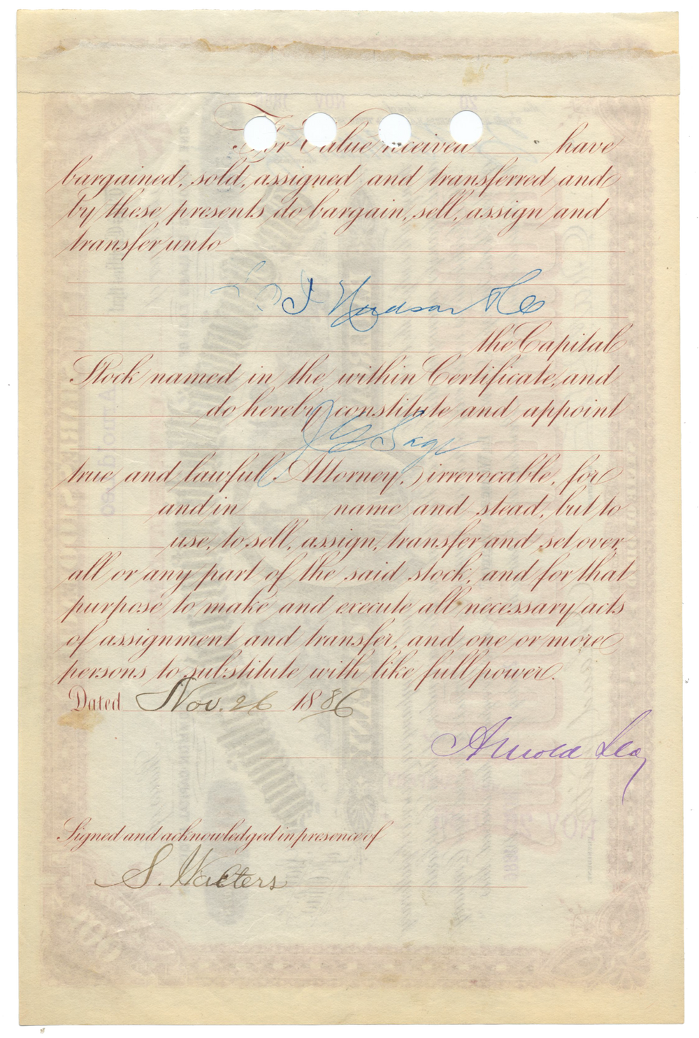 Cincinnati, Washington and Baltimore Railroad Company Stock Certificate Signed by Orland Smith