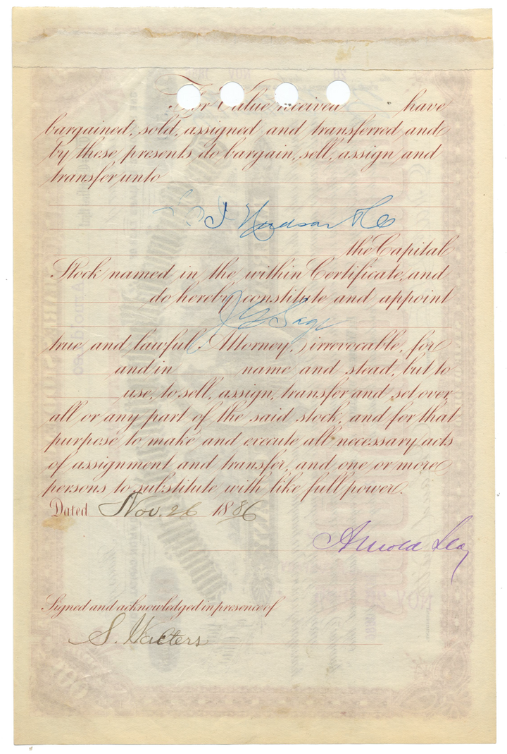 Cincinnati, Washington and Baltimore Railroad Company Stock Certificate Signed by Orland Smith