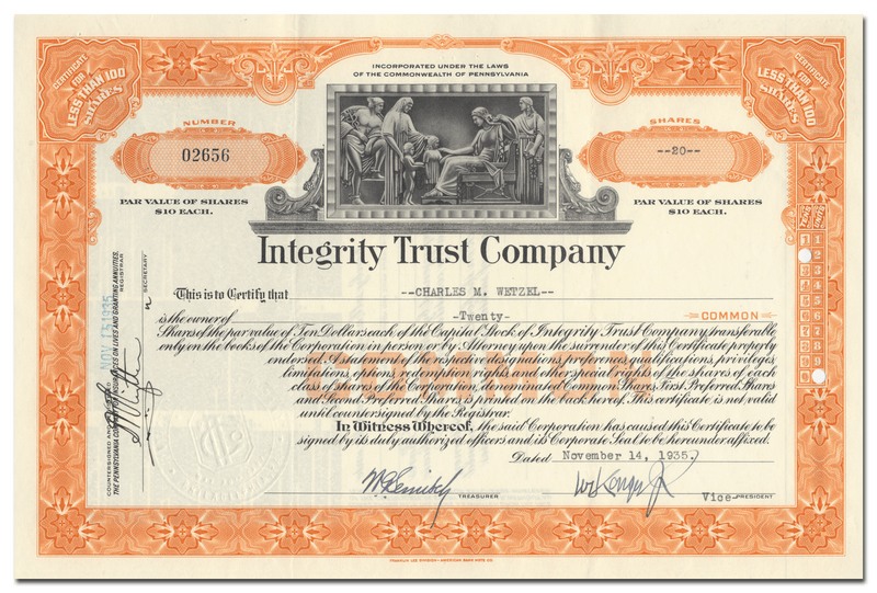 Integrity Trust Company Stock Certificate