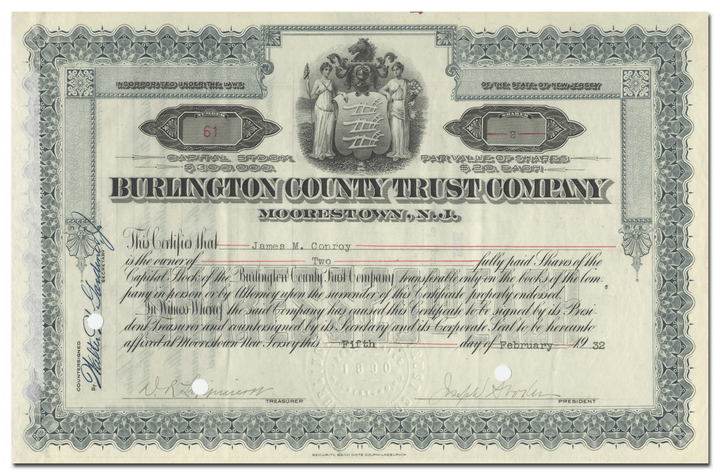 Burlington County Trust Company Stock Certificate