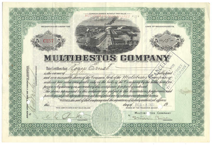 Multibestos Company Stock Certificate