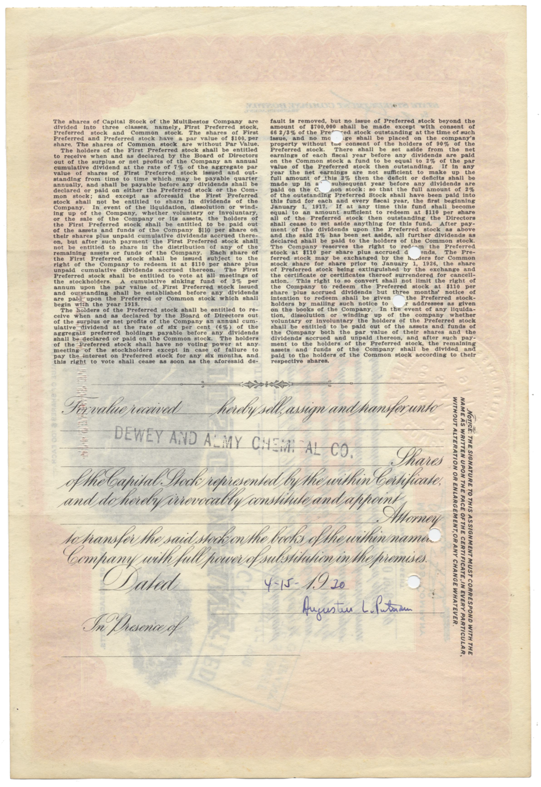 Multibestos Company Stock Certificate