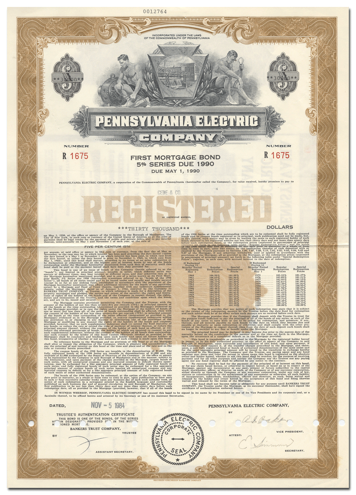 Pennsylvania Electric Company Bond Certificate