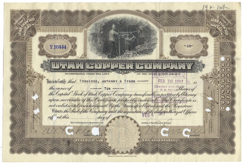 Utah Copper Company Stock Certificate