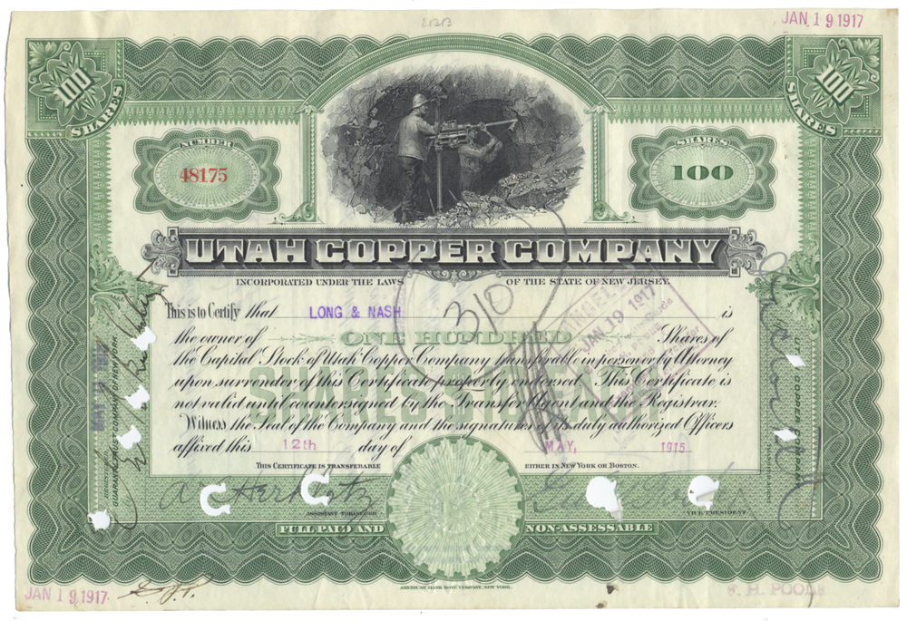 Utah Copper Company Stock Certificate