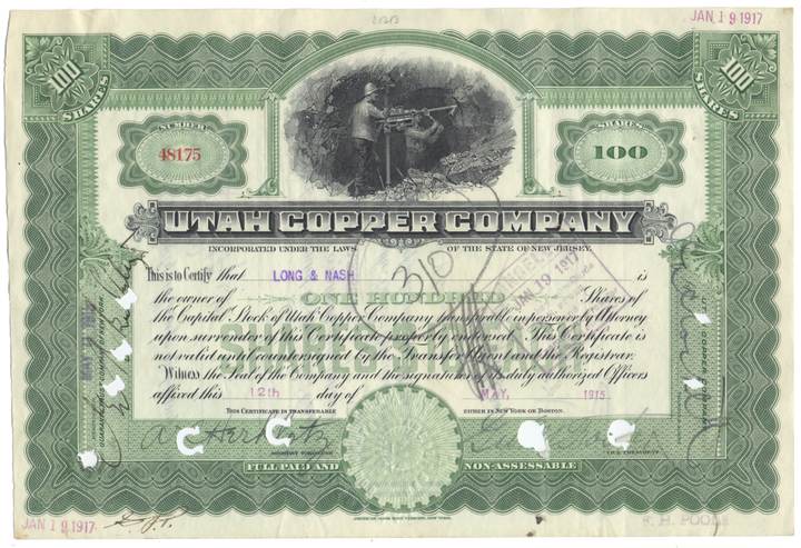 Utah Copper Company Stock Certificate