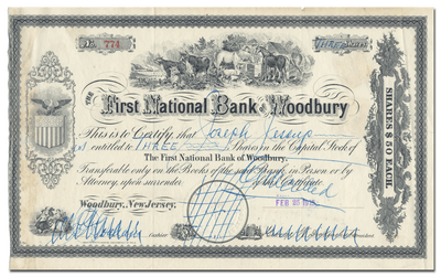 First National Bank of Woodbury Stock Certificate