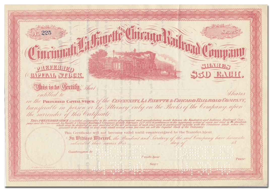 Cincinnati, Lafayette and Chicago Railroad Company Stock Certificate