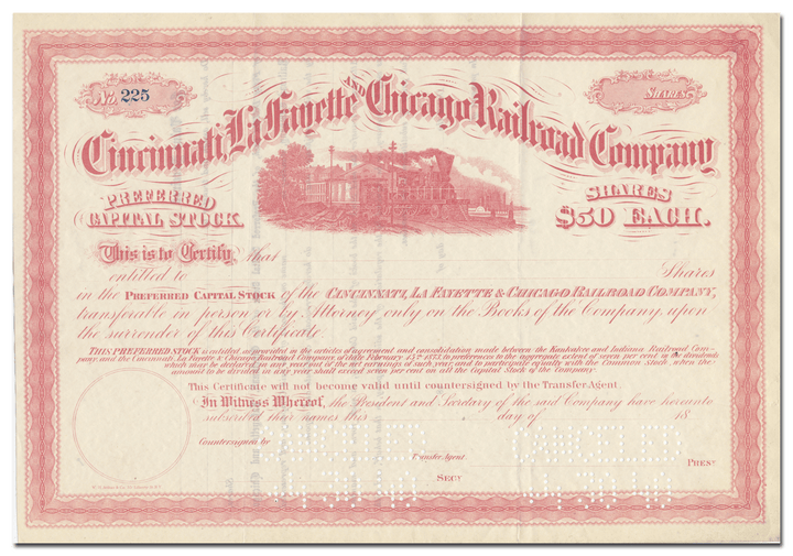 Cincinnati, Lafayette and Chicago Railroad Company Stock Certificate