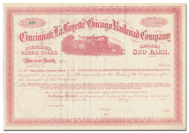 Cincinnati, Lafayette and Chicago Railroad Company Stock Certificate