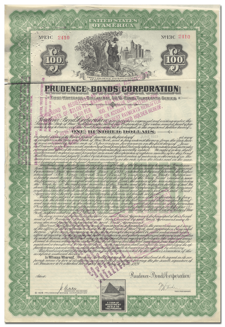 Prudence-Bonds Corporation Bond Certificate