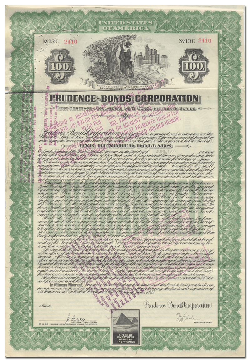 Prudence-Bonds Corporation Bond Certificate