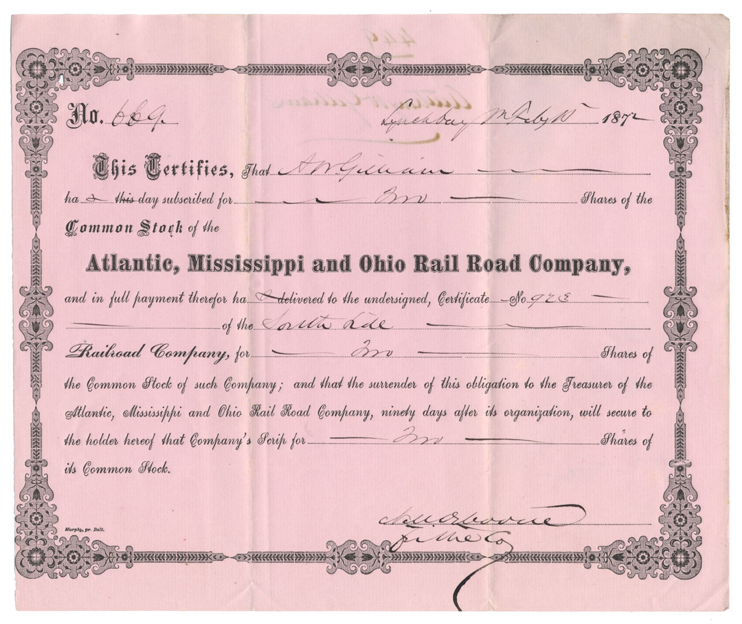 Atlantic, Mississippi and Ohio Rail Road Company Stock Certificate