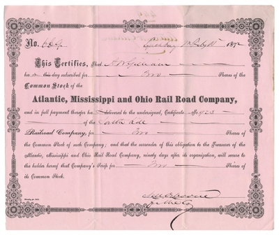 Atlantic, Mississippi and Ohio Rail Road Company Stock Certificate