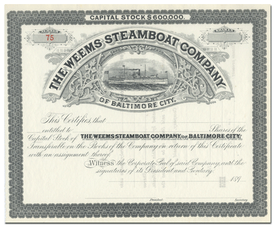 Weems Steamboat Company of Baltimore City Stock Certificate
