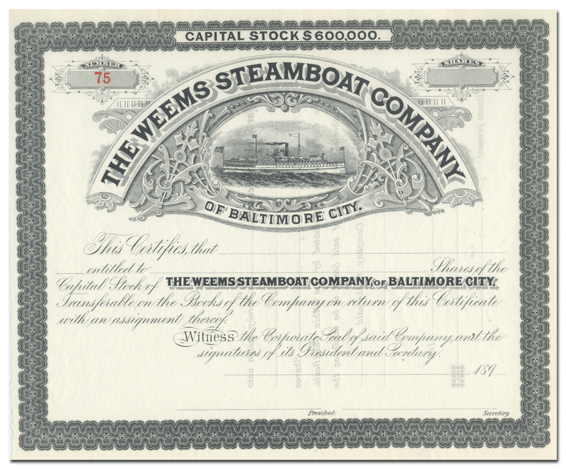 Weems Steamboat Company of Baltimore City Stock Certificate