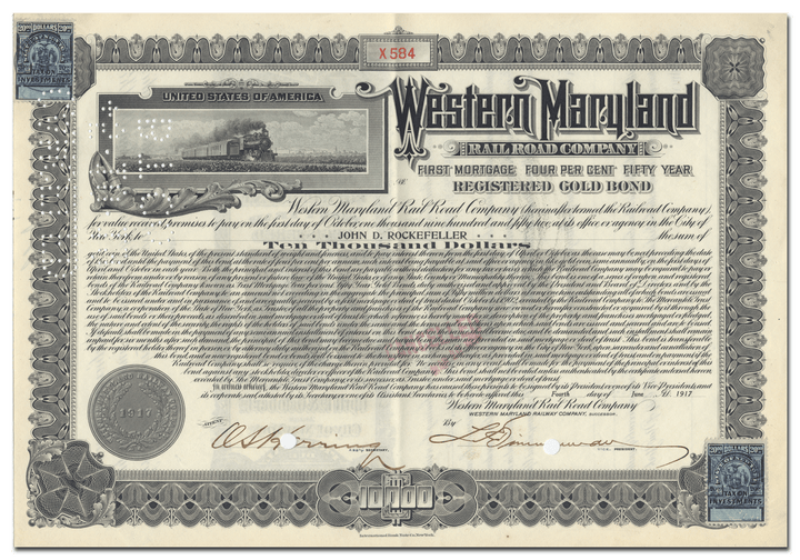 Western Maryland Railroad Company Bond Issued to John D. Rockefeller