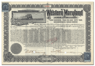 Western Maryland Railroad Company Bond Issued to John D. Rockefeller