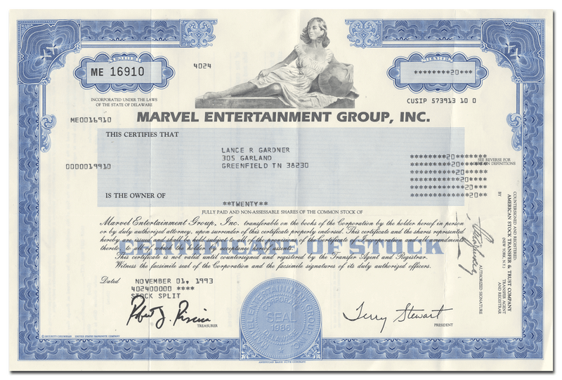 Marvel Entertainment Group, Inc. Stock Certificate