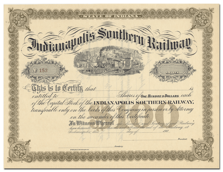 Indianapolis Southern Railway Stock Certificate