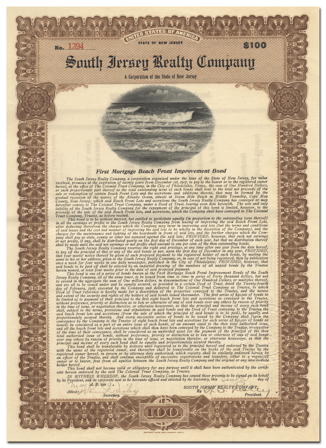 South Jersey Realty Company Bond Certificate