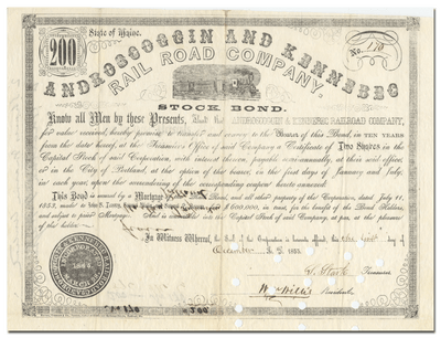 Androscoggin and Kennebec Rail Road Company Bond Certificate