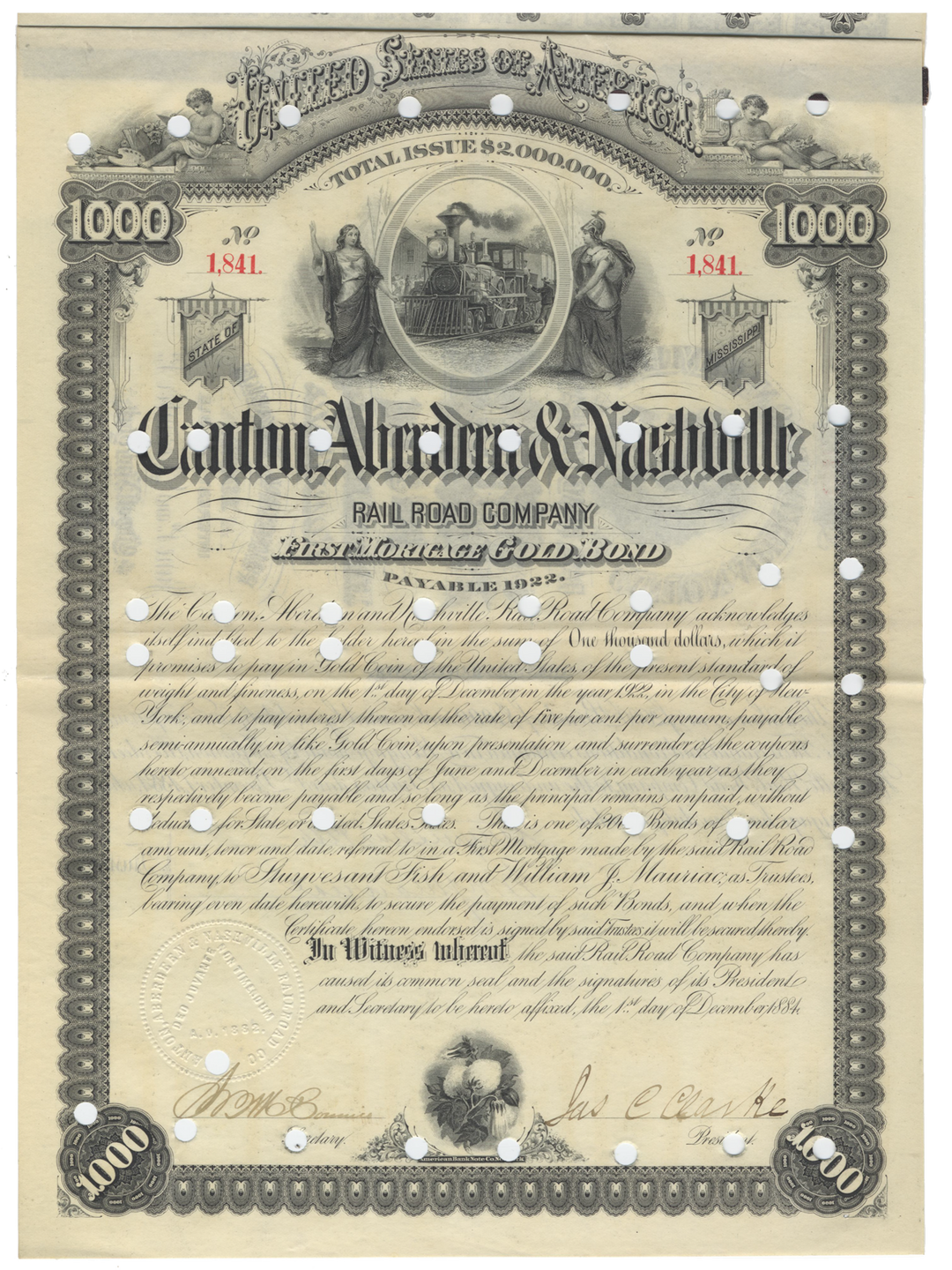 Canton, Aberdeen & Nashville Rail Road Company Bond Certificate