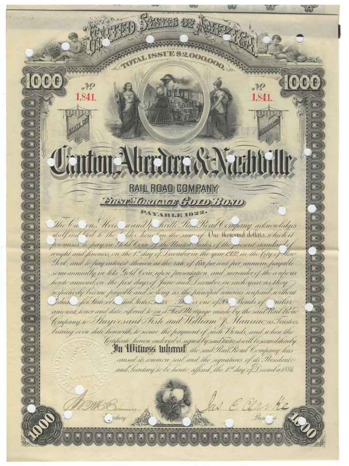 Canton, Aberdeen & Nashville Rail Road Company Bond Certificate