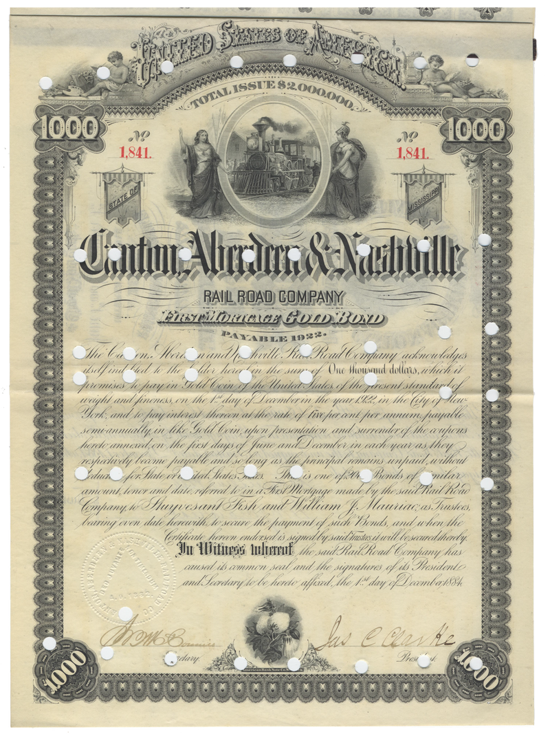 Canton, Aberdeen & Nashville Rail Road Company Bond Certificate