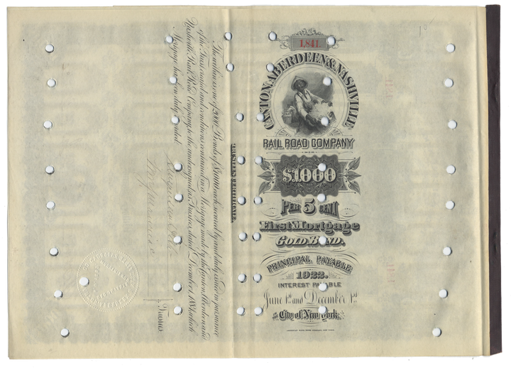 Canton, Aberdeen & Nashville Rail Road Company Bond Certificate