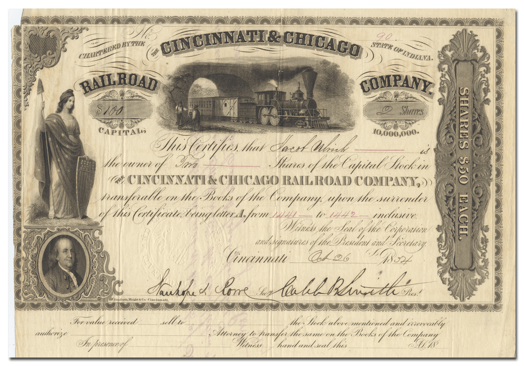 Cincinnati & Chicago Rail Road Company Stock Certificate Signed by Caleb Blood Smith 