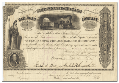 Cincinnati & Chicago Rail Road Company Stock Certificate Signed by Caleb Blood Smith 