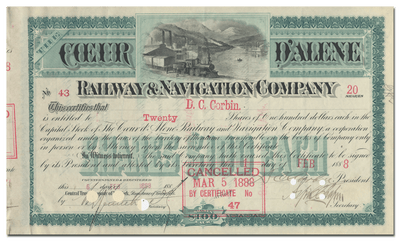 Coeur d'Alene Railway & Navigation Company Stock Certificate Signed by Daniel Chase Corbin