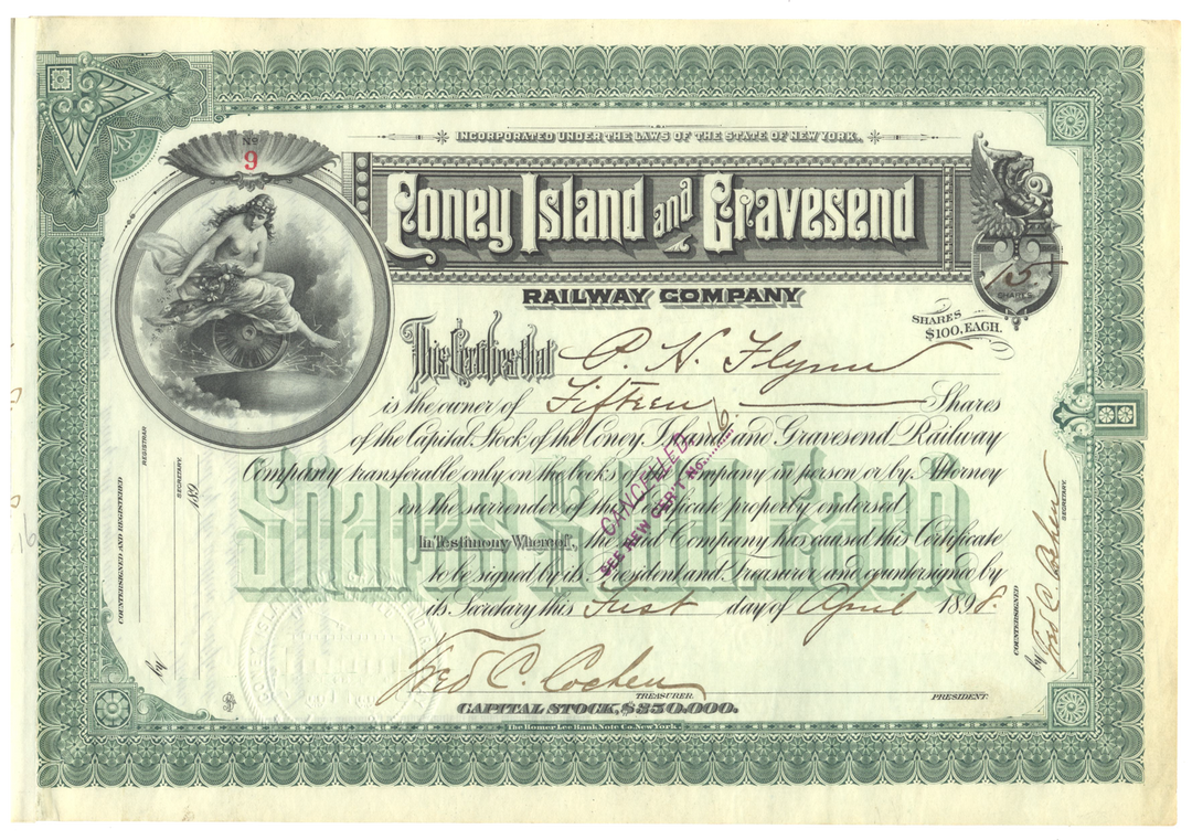 Coney Island and Gravesend Railway Company Stock Certificate