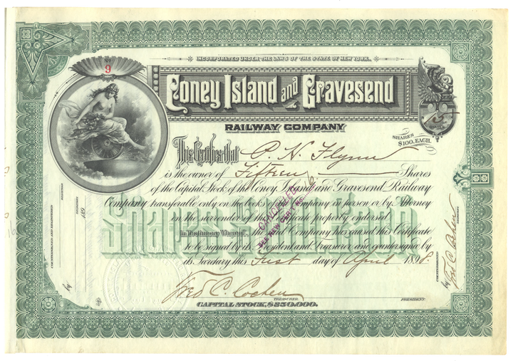 Coney Island and Gravesend Railway Company Stock Certificate