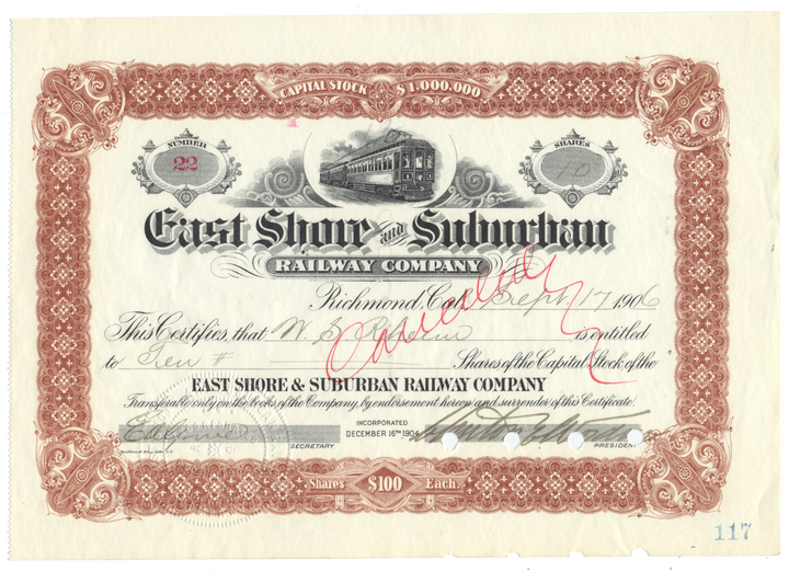 East Shore and Suburban Railway Company Stock Certificate