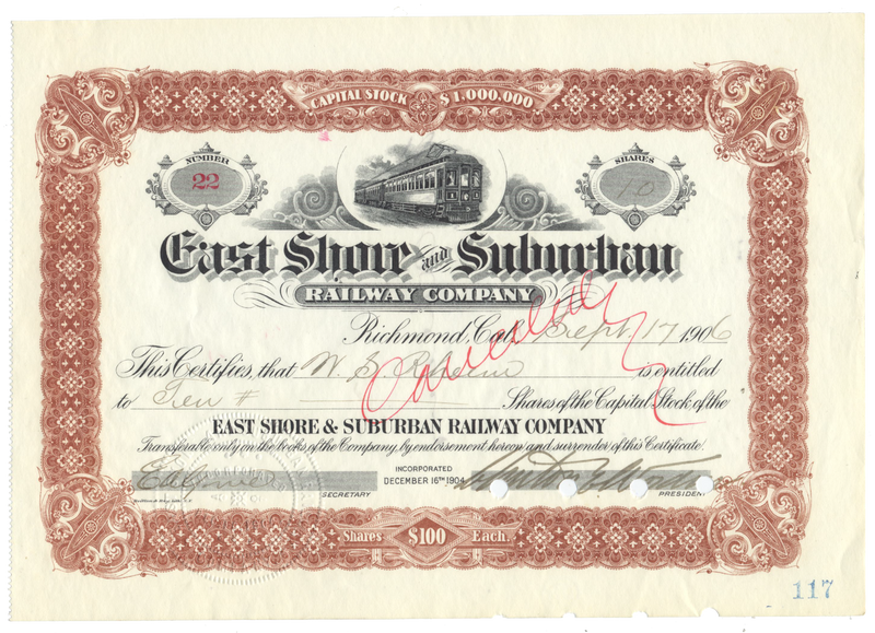 East Shore and Suburban Railway Company Stock Certificate