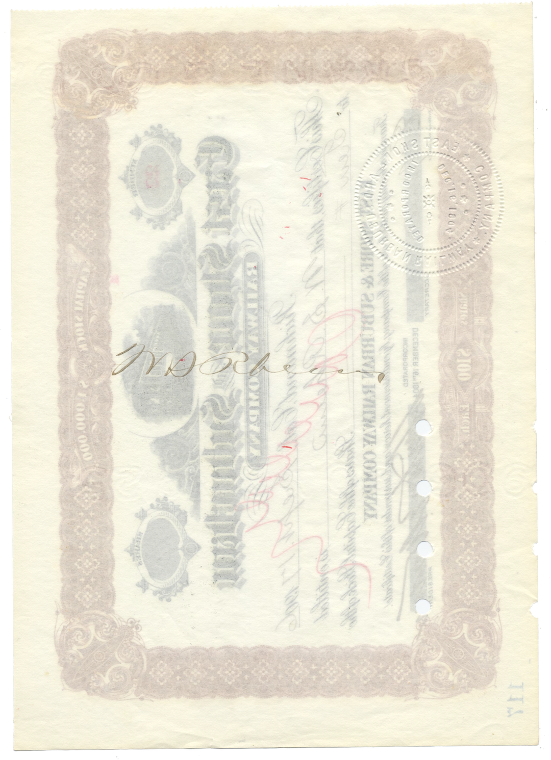 East Shore and Suburban Railway Company Stock Certificate