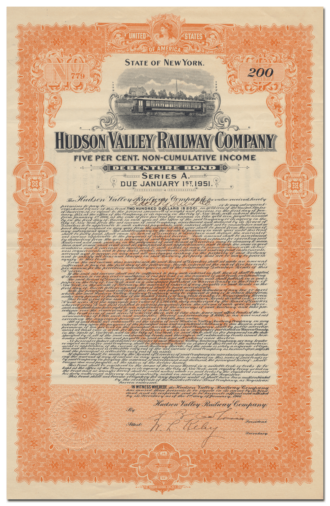 Hudson Valley Railway Company Bond Certificate