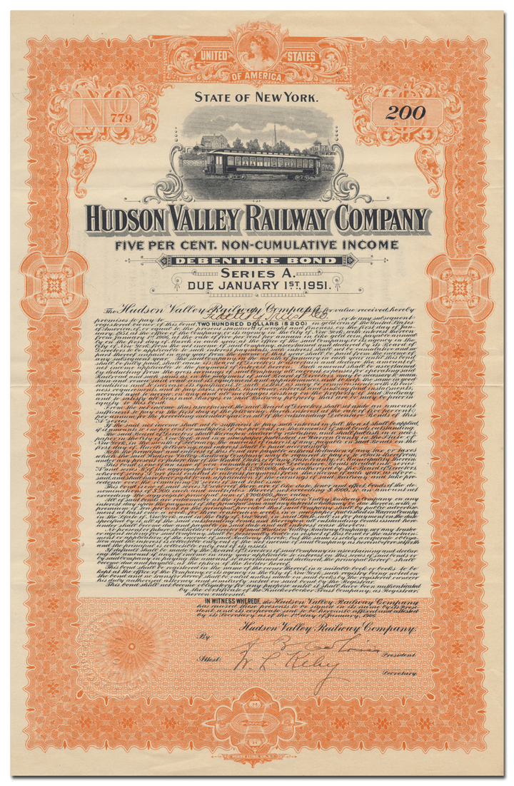 Hudson Valley Railway Company Bond Certificate