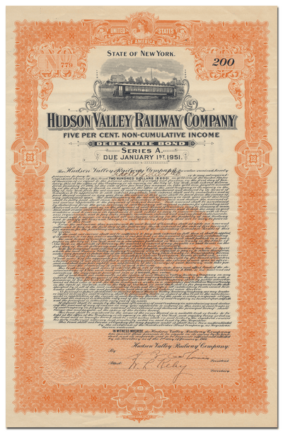 Hudson Valley Railway Company Bond Certificate