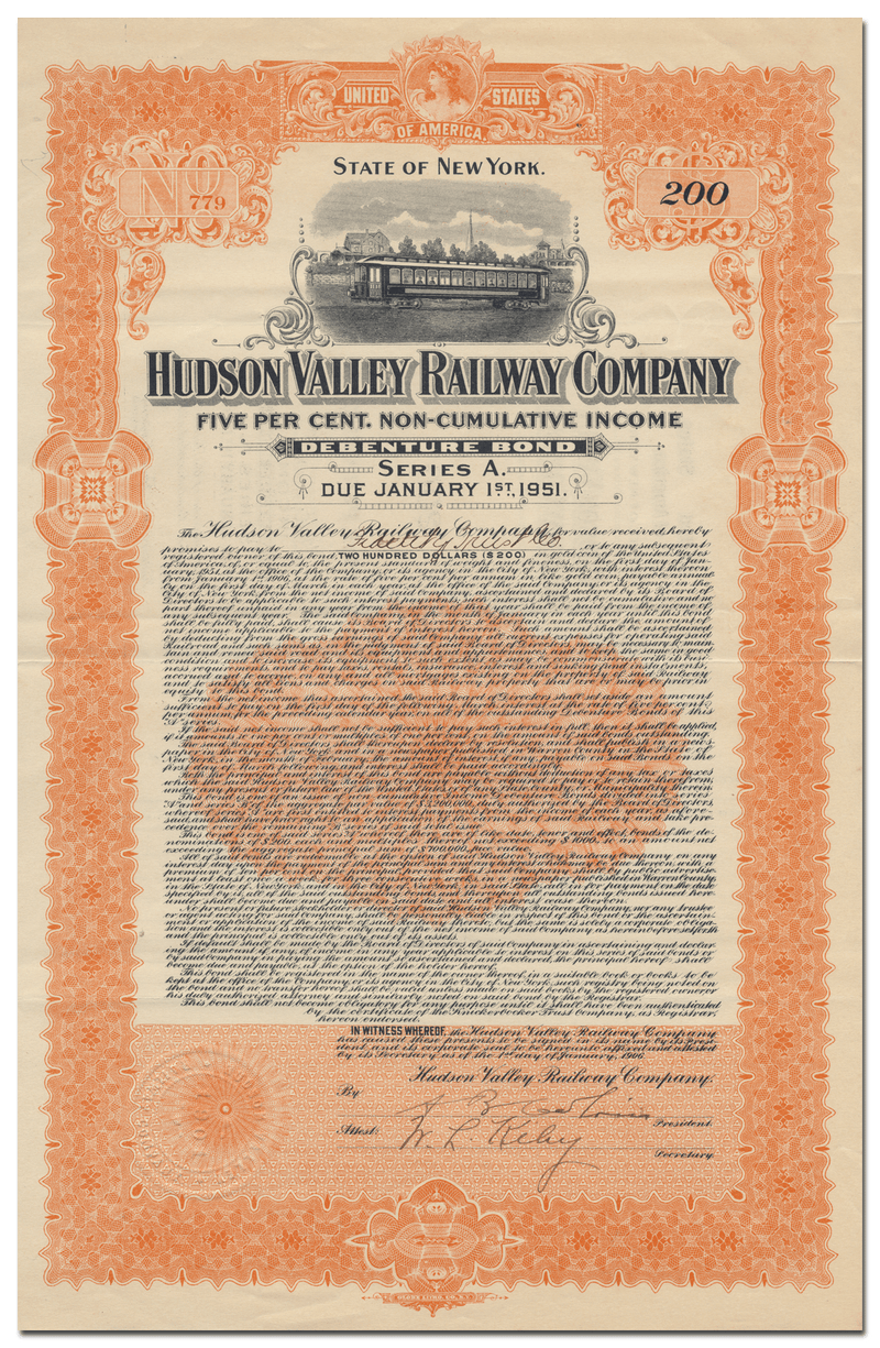 Hudson Valley Railway Company Bond Certificate
