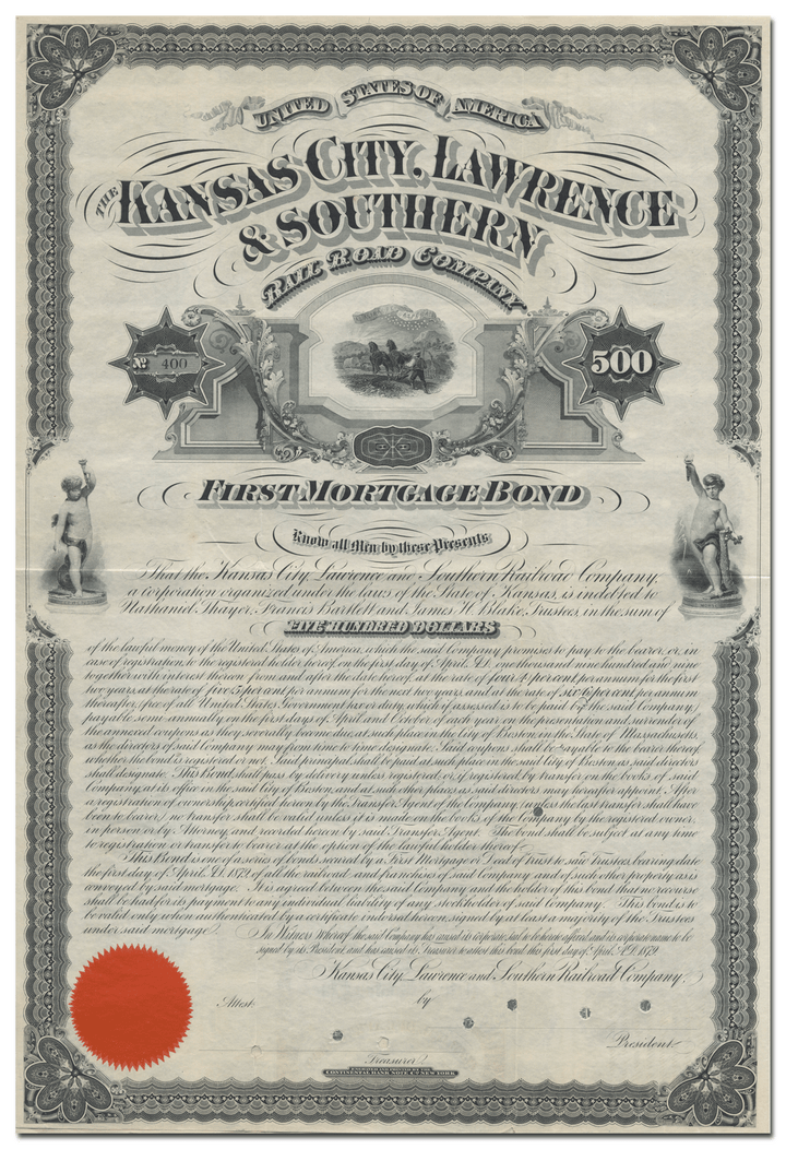 Kansas City, Lawrence & Southern Rail Road Company Bond Certificate