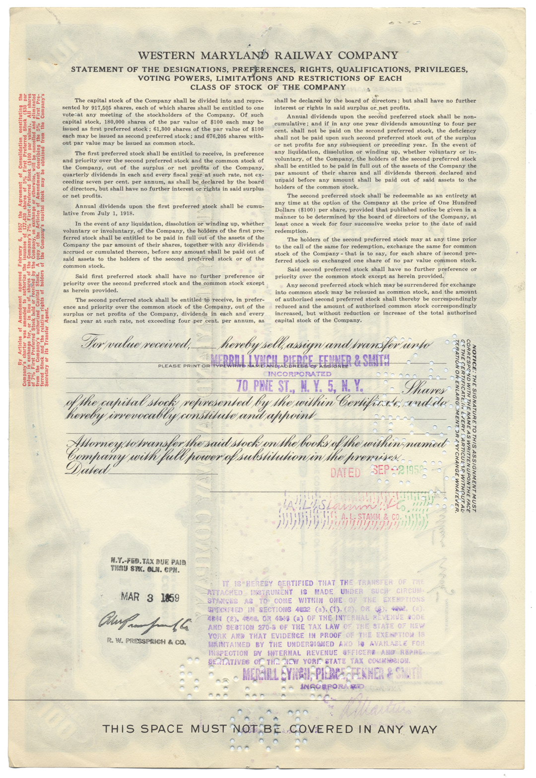 Western Maryland Railway Company Stock Certificate