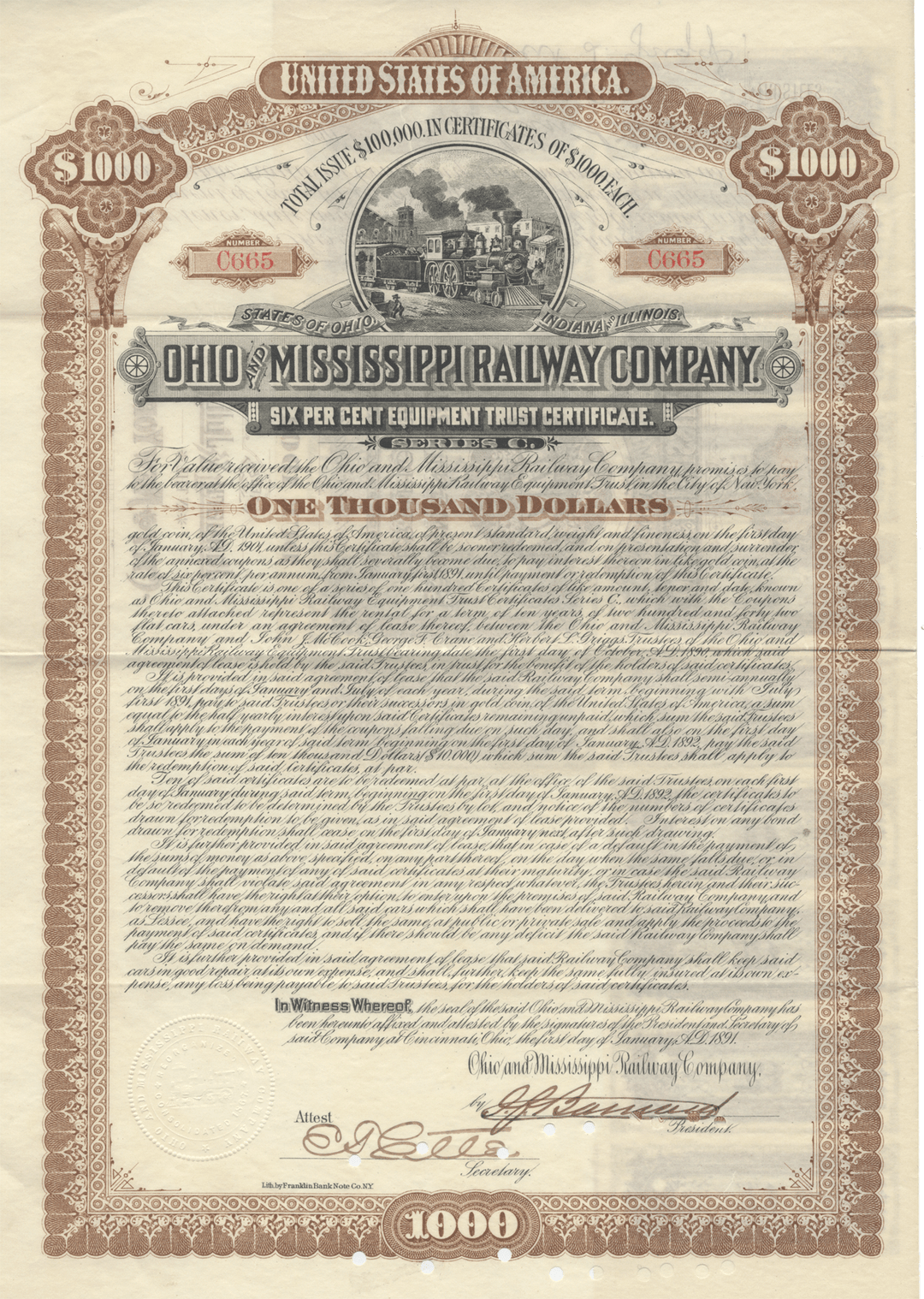 Ohio and Mississippi Railway Company Bond Certificate