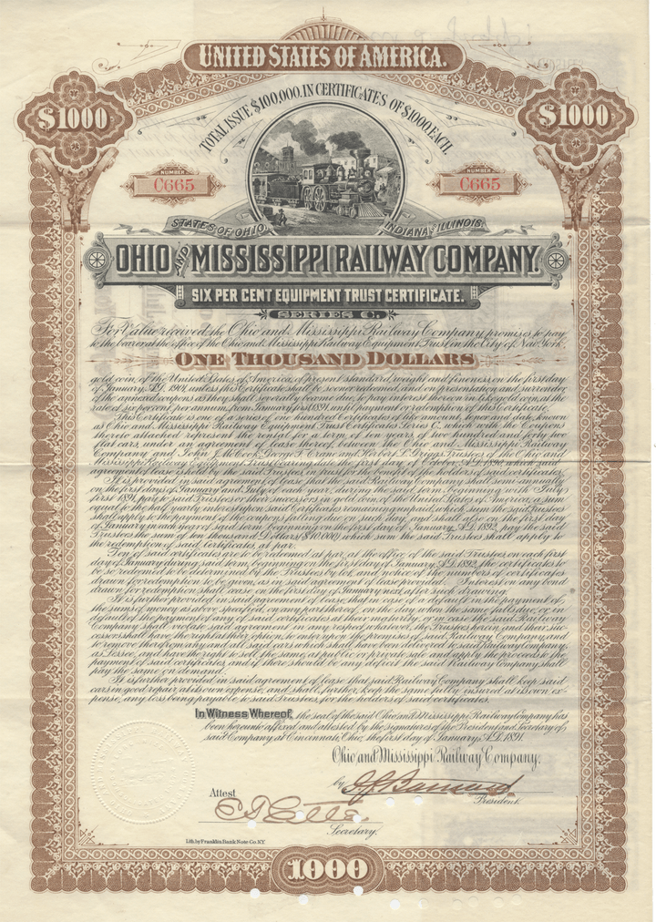 Ohio and Mississippi Railway Company Bond Certificate